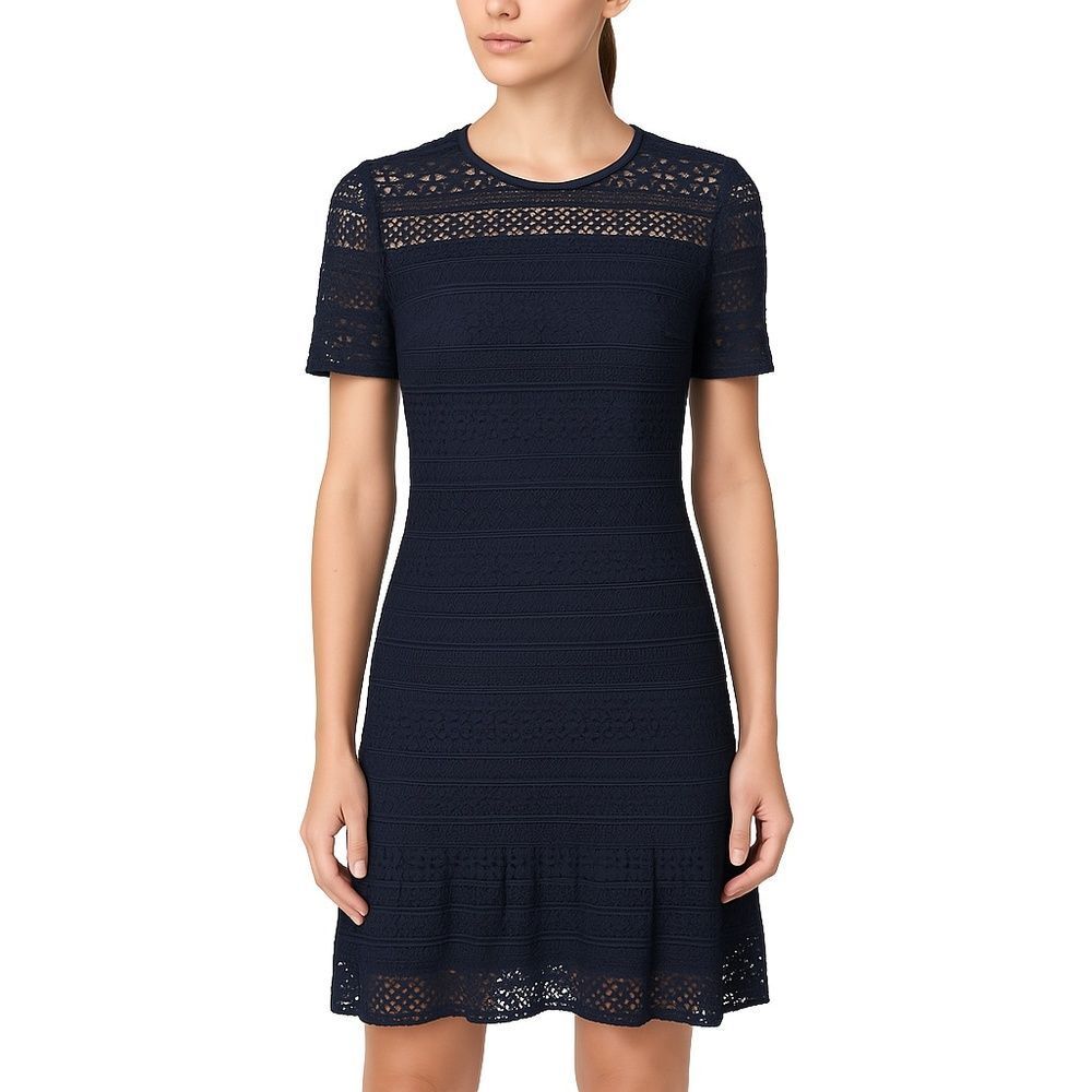Elie Tahari Black Jacey Crochet Lace Flounce Hem Knee Length Dress Womens 8